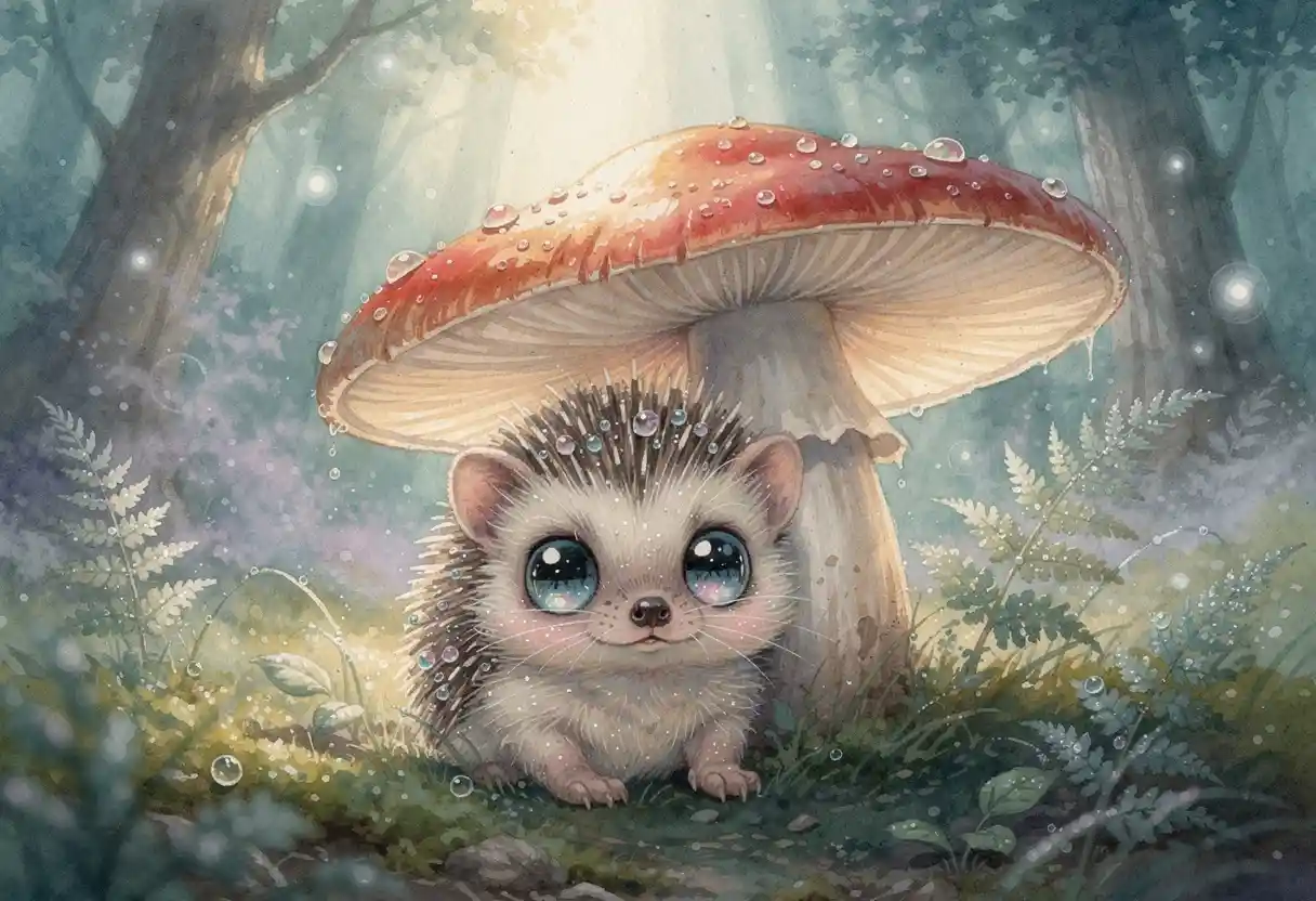 Baby hedgehog under a toadstool in an enchanted forest