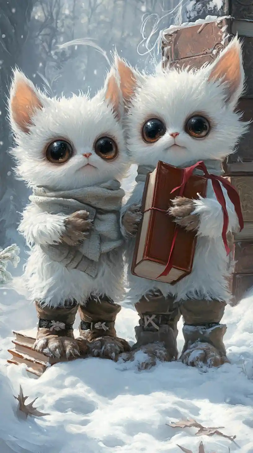 Cute fantasy creatures in snow with books and boots