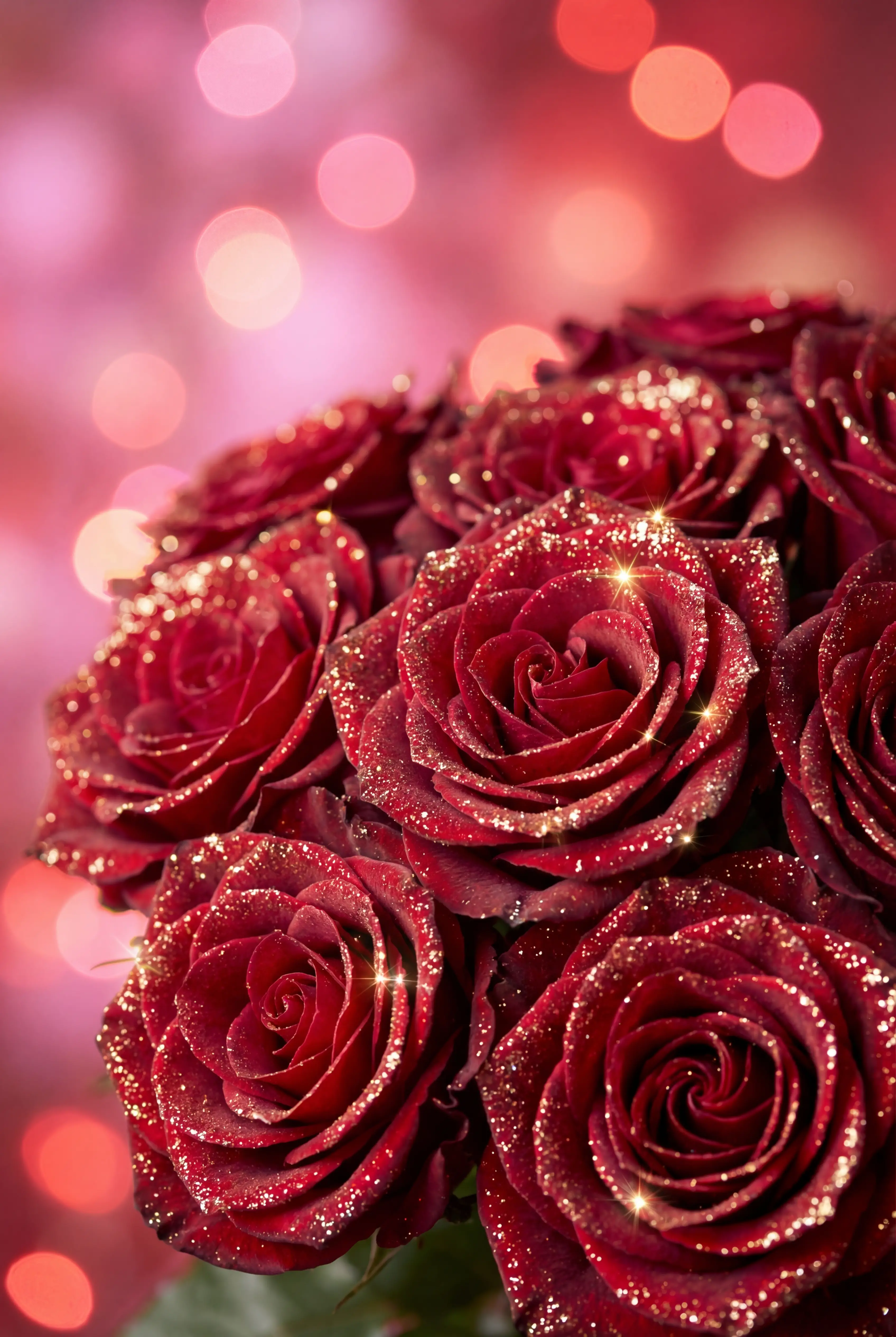 Close up red roses with glitter and glowing bokeh lights