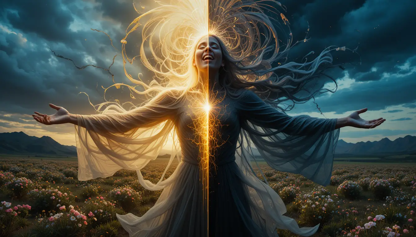 Spectral figure of human duality at a luminous crossroads