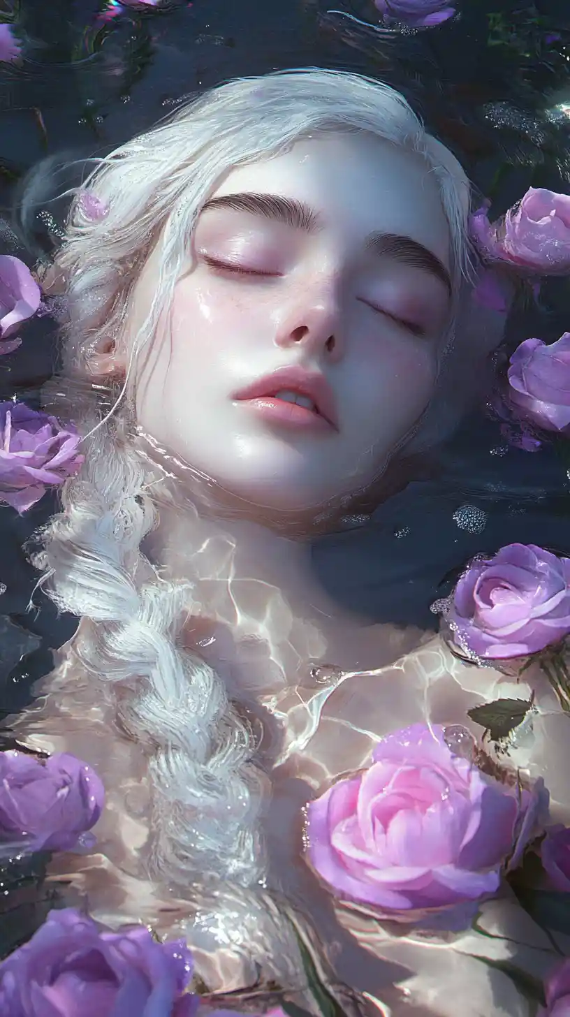 Fantasy woman with white hair floating among roses