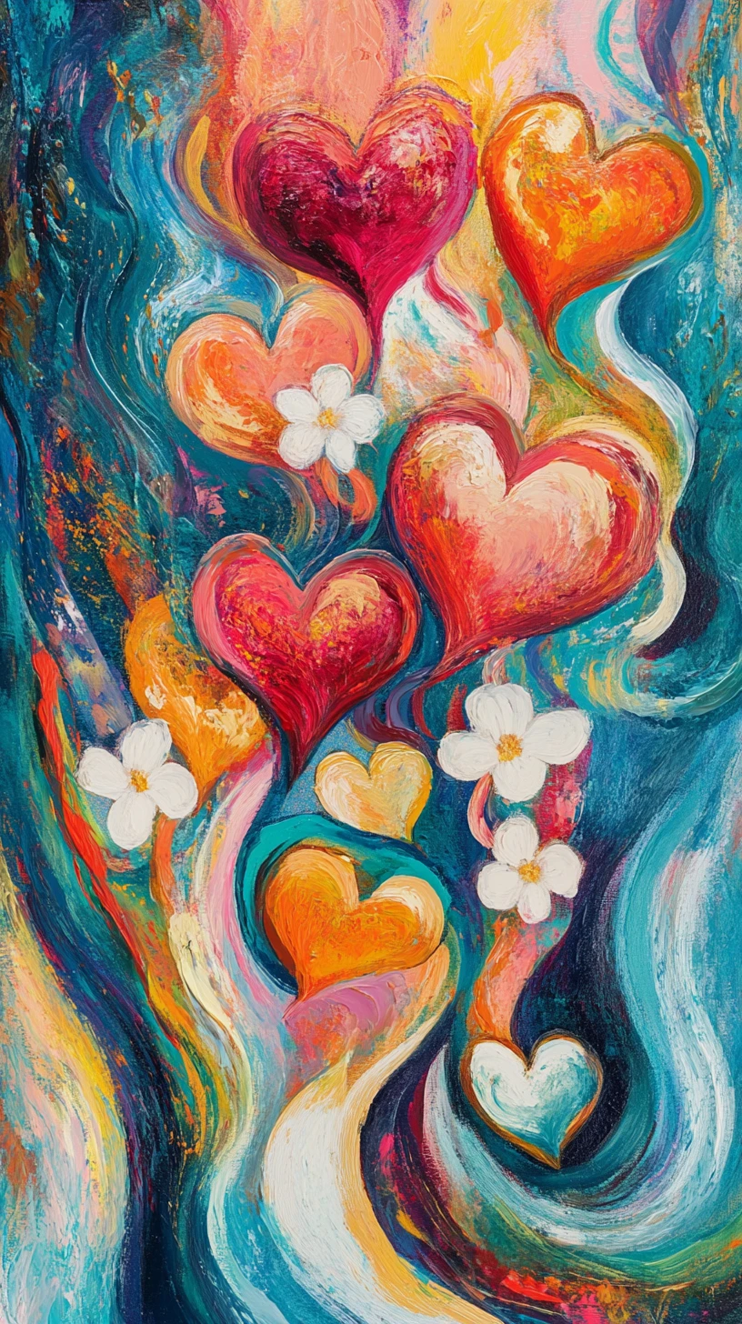 Colorful abstract hearts and flowers in flowing vertical motion