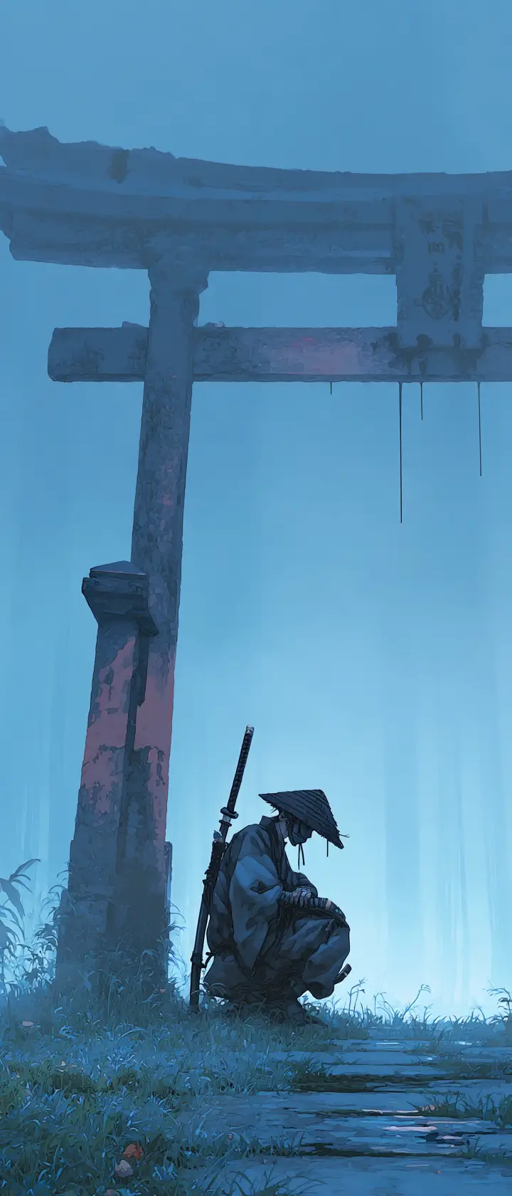 Lone ronin at dawn beneath an ancient torii gate