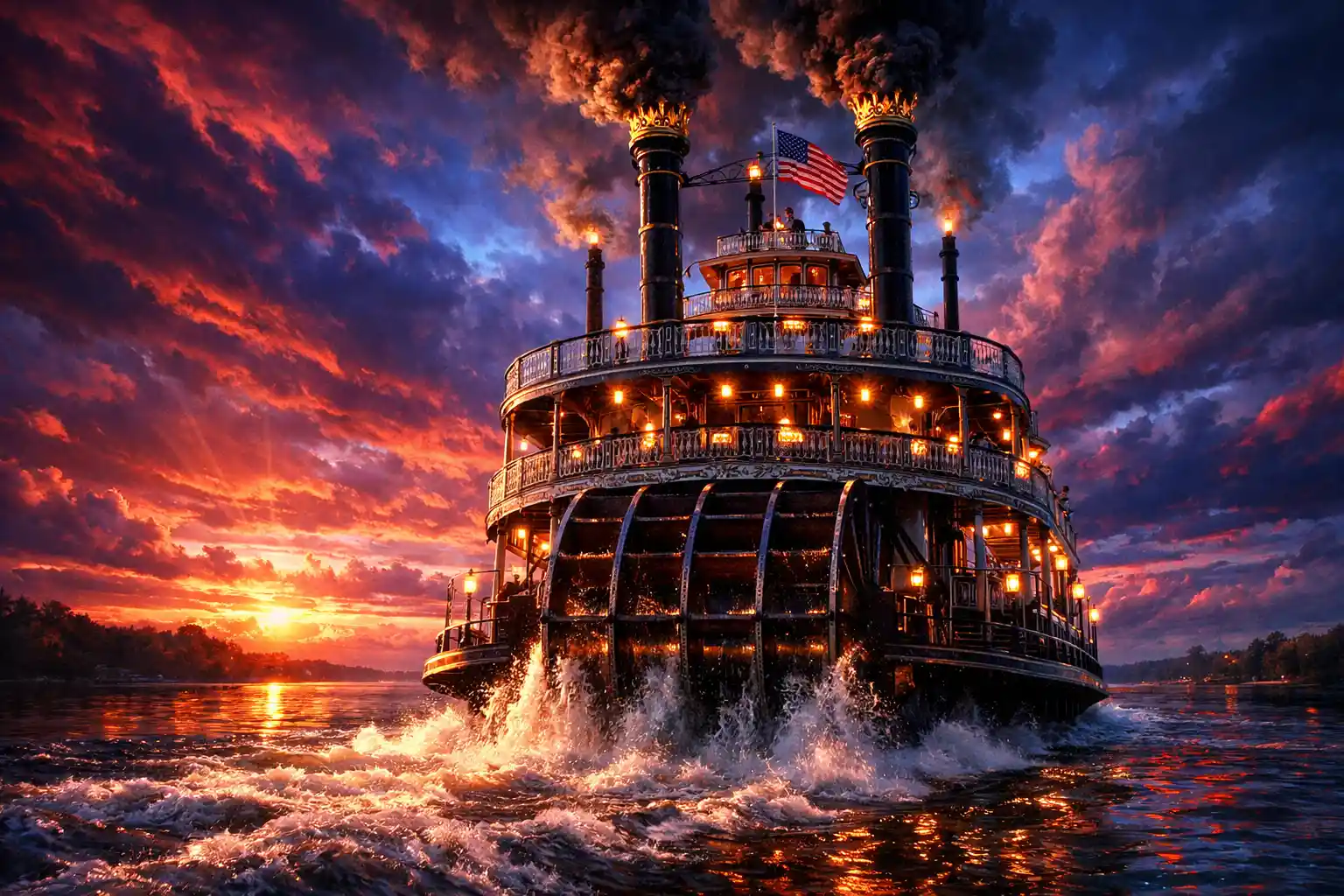 Fantasy steamboat sailing into a colorful sunset sky