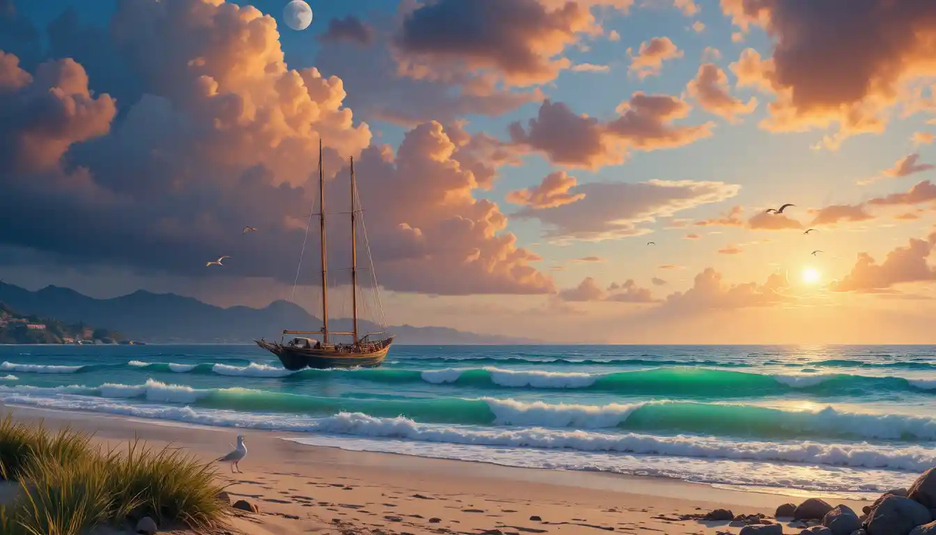 Majestic sailboat on a serene beach at sunset