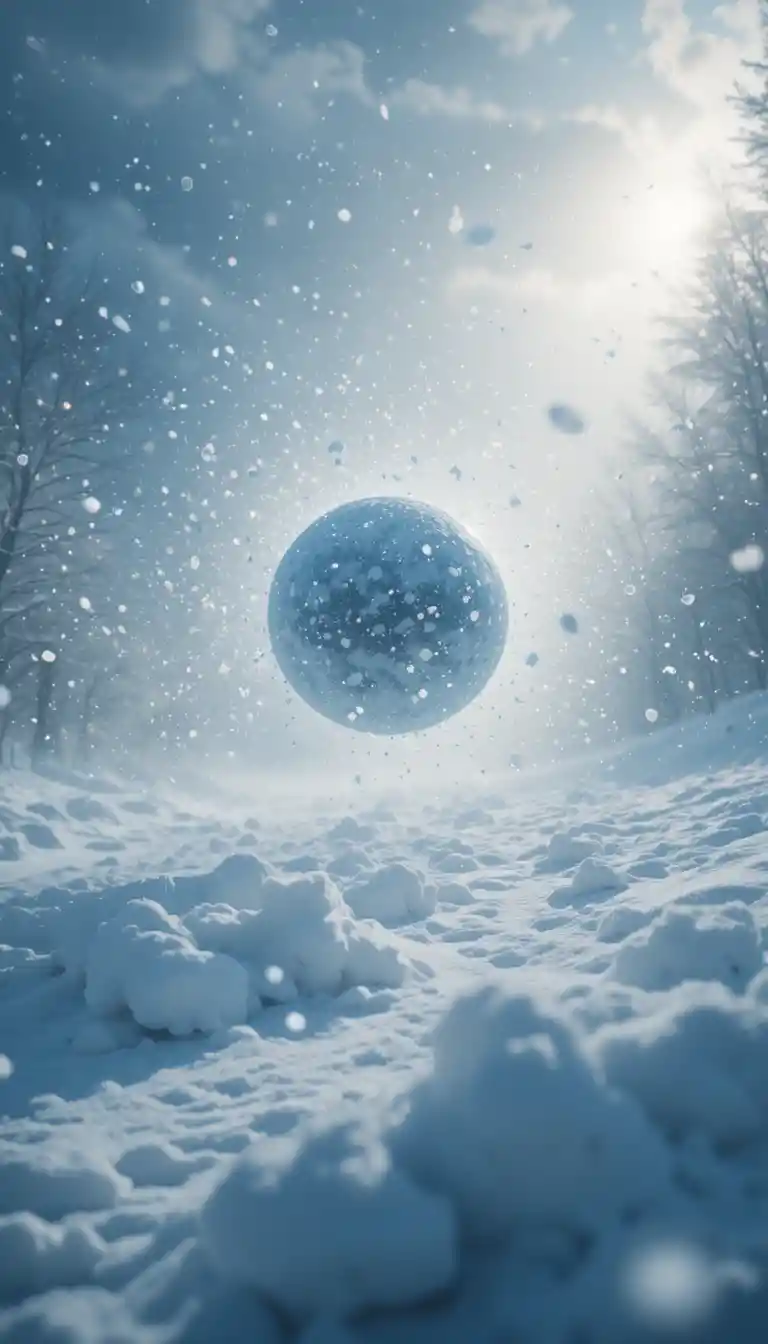 Spherical object flying through heavy falling snow at dusk