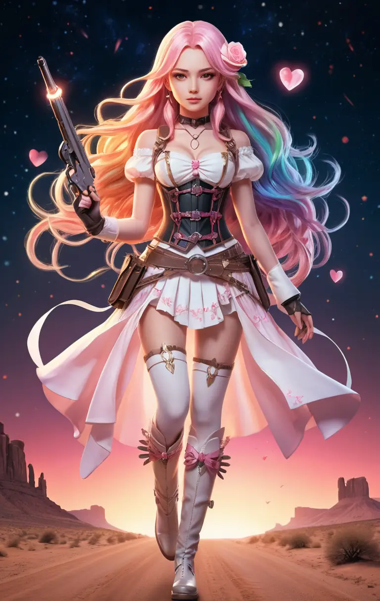 Anime cupid cowgirl firing magical heart revolvers