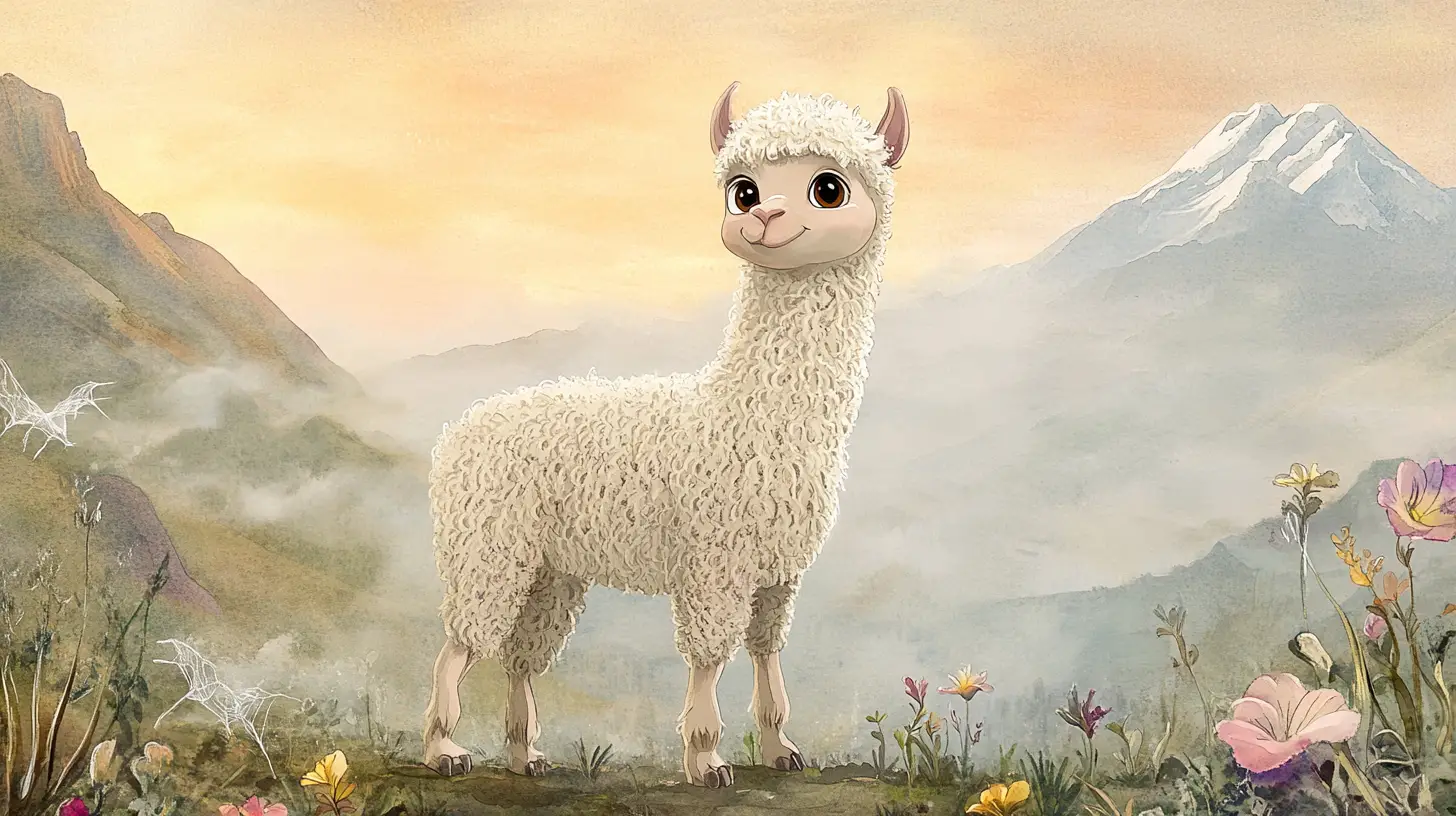 Watercolor baby alpaca in a misty mountain meadow