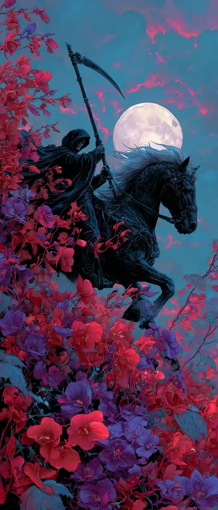 Skeletal unicorn with orchid bouquet under stormy moonlit sky