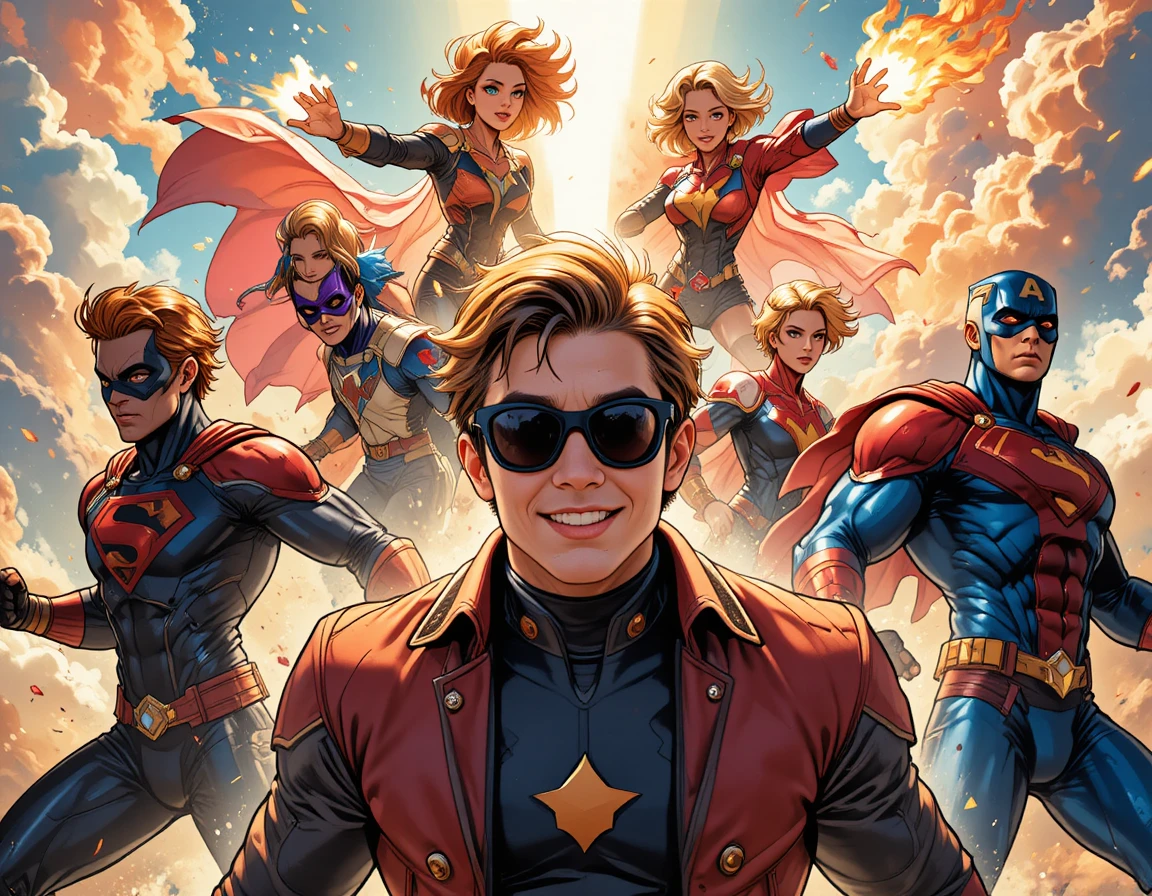 Dynamic team of colorful superheroes in dramatic sky