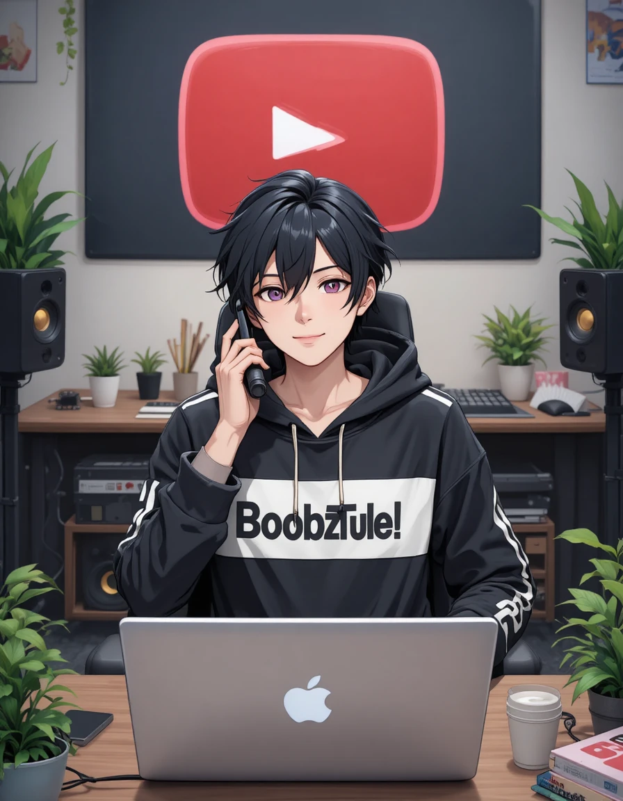Chico de anime haciendo streaming en un escritorio de computadora con micrófono
