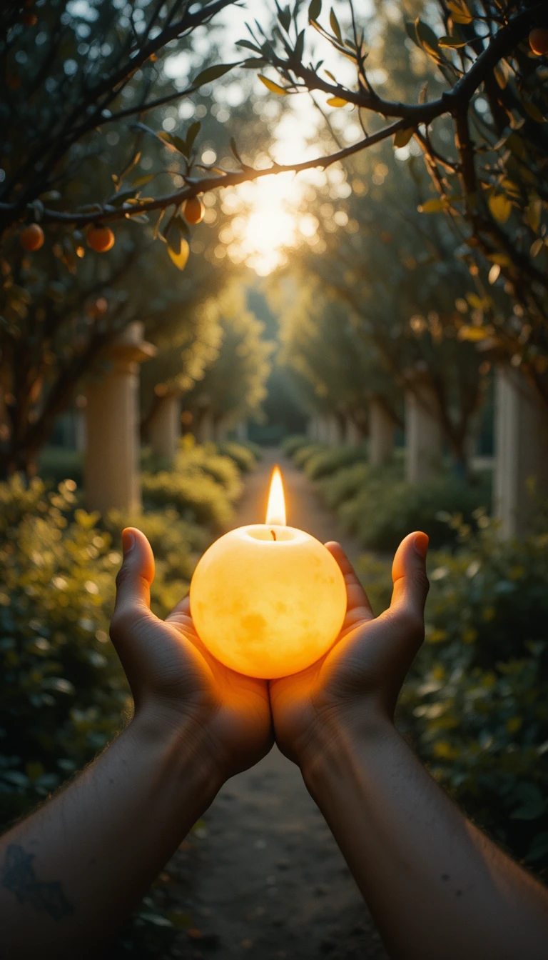 Hands cradling a warm glowing light in an olive garden