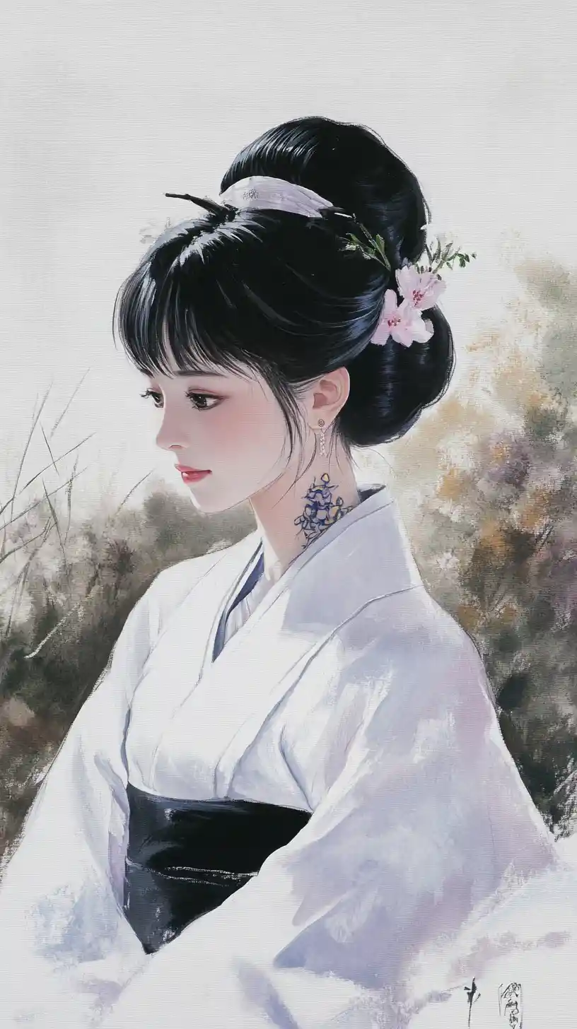 Serene Japanese woman in white kimono with tattoos