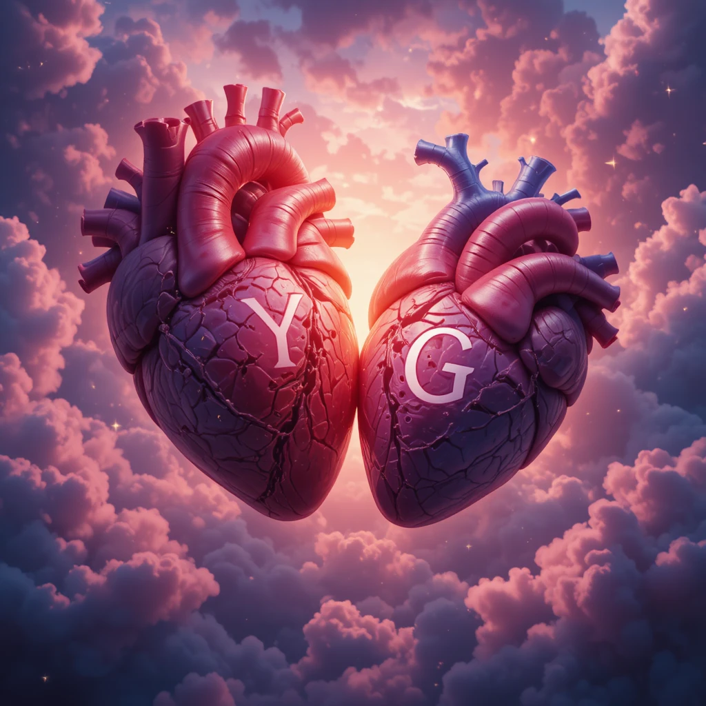 Colorful hearts with initials against a photorealistic cloudy sky