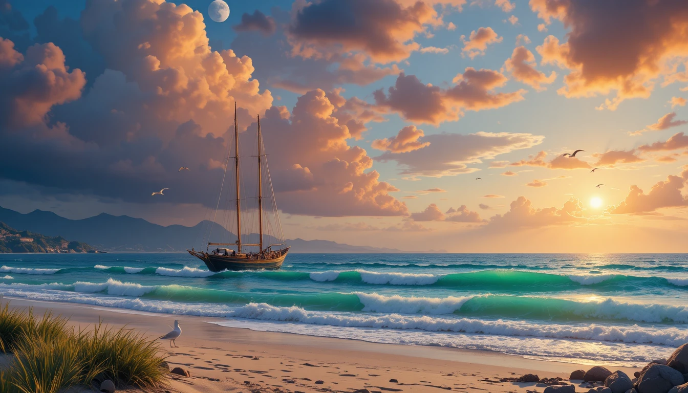 Majestic sailboat on a serene beach at sunset