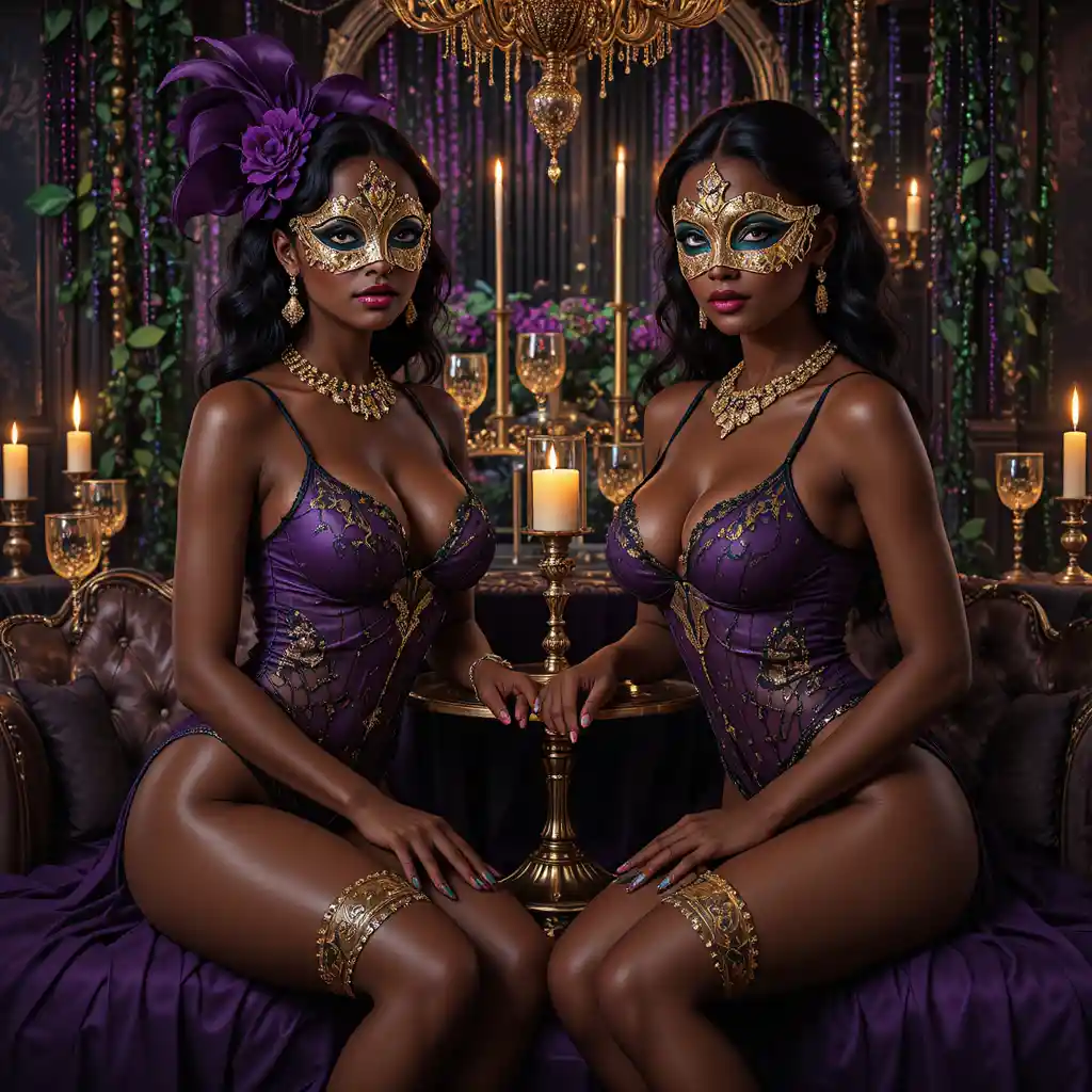 Mujeres negras elegantes en una noche de lencería inspirada en Mardi Gras