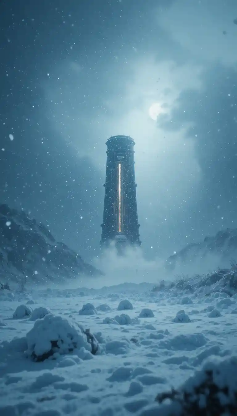 Sci-Fi-Objekt schwebt über einem verschneiten Winterfeld