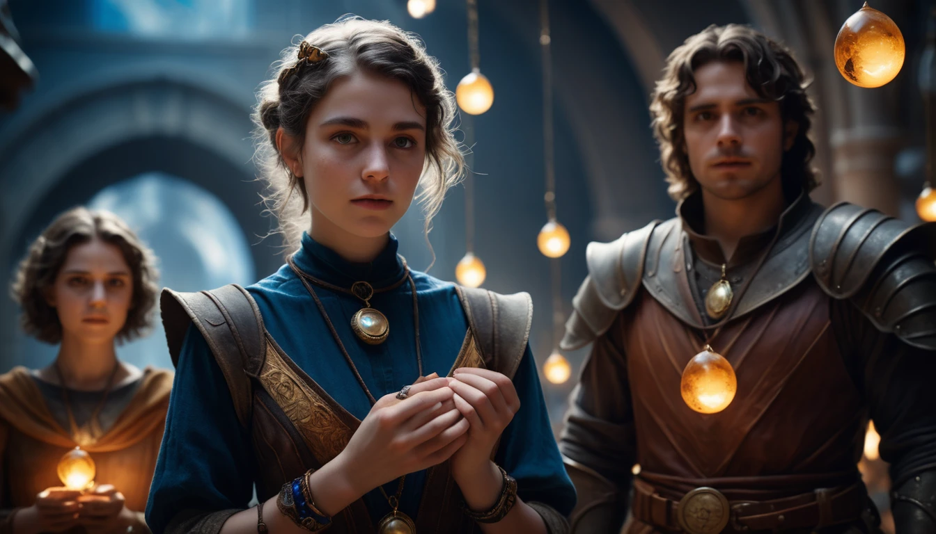 Cavaliere e bardo in una vivace scena di mercato cosmico
