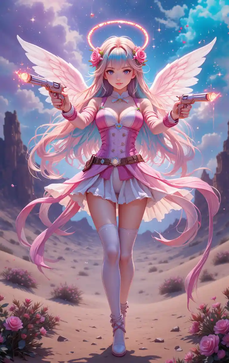 Anime cupid cowgirl firing magical heart revolvers