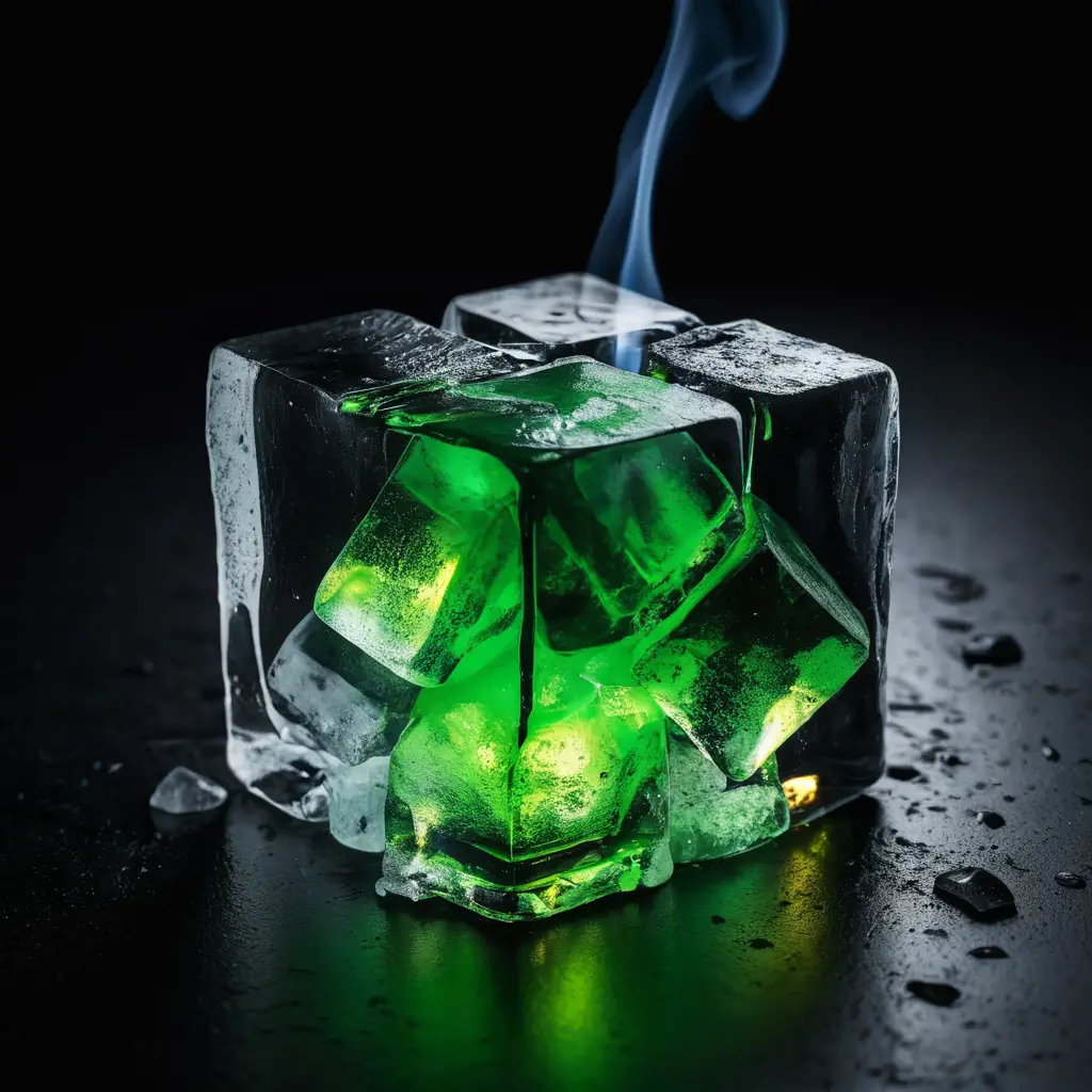 Fogo verde fluorescente envolvendo um cubo de gelo derretendo