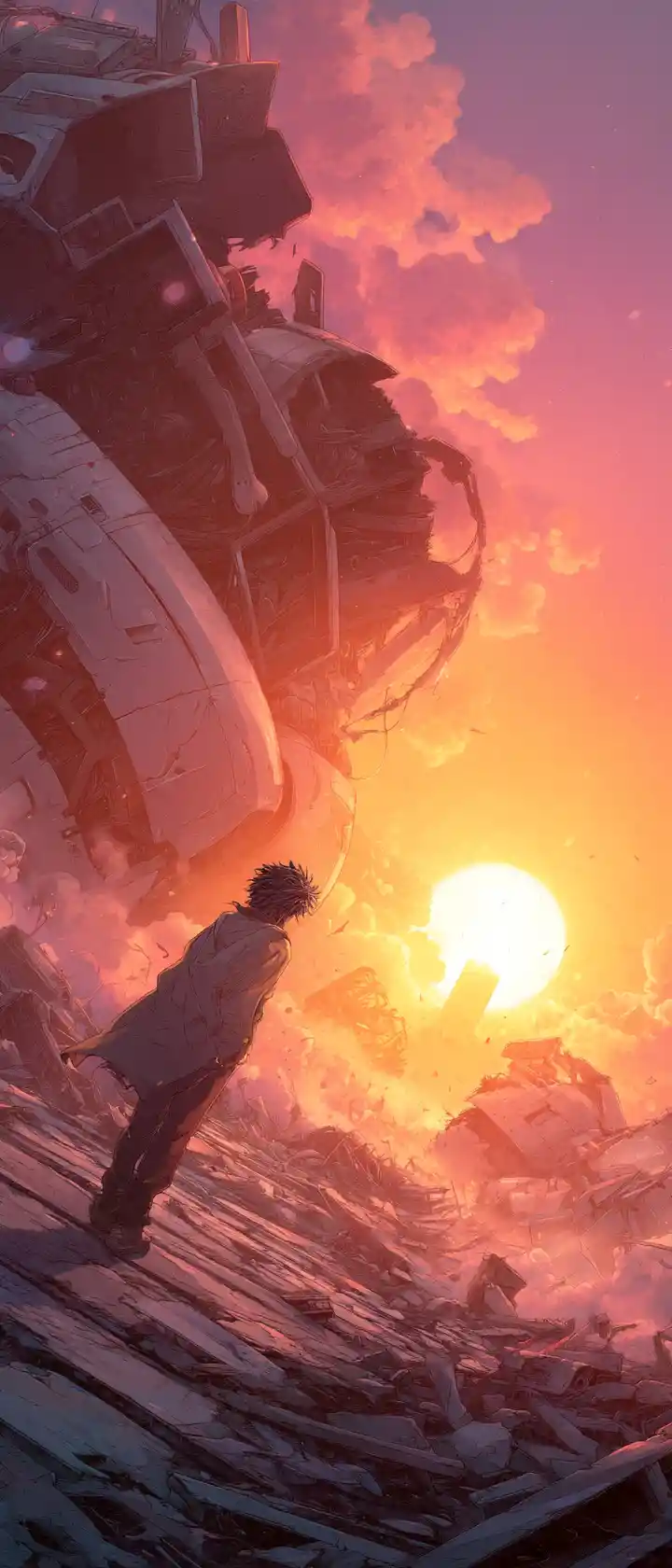 Lone survivor resting by crashed mech at sunrise