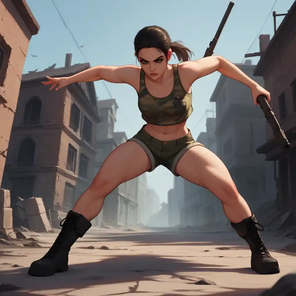 Armed woman in battle pose in sunlit urban ruins
