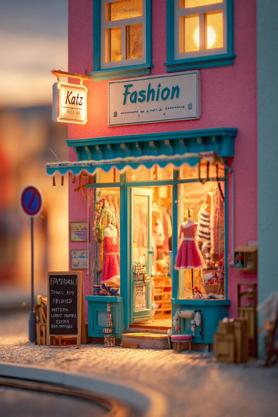 Cozy fashion storefront with neon Katz Fashion sign at sunset