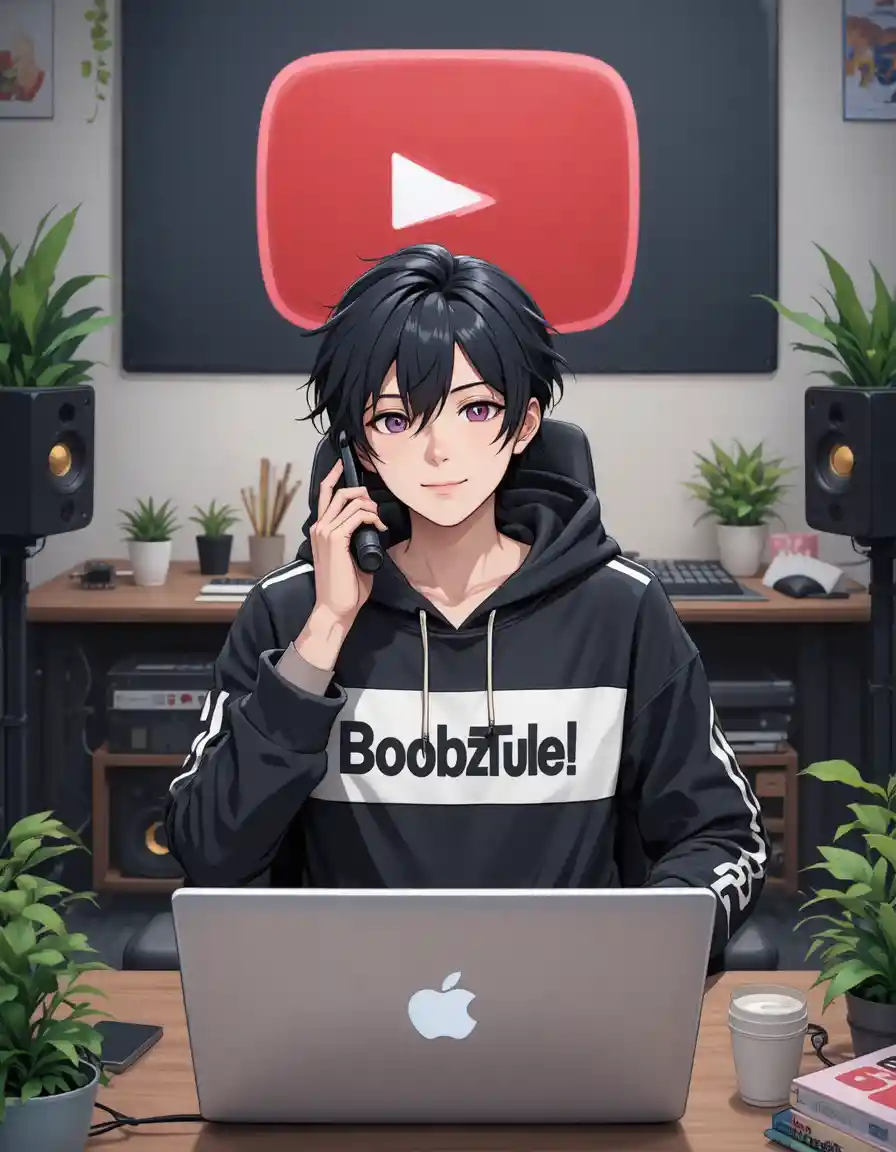 Anime boy streaming at a computer desk with microphone