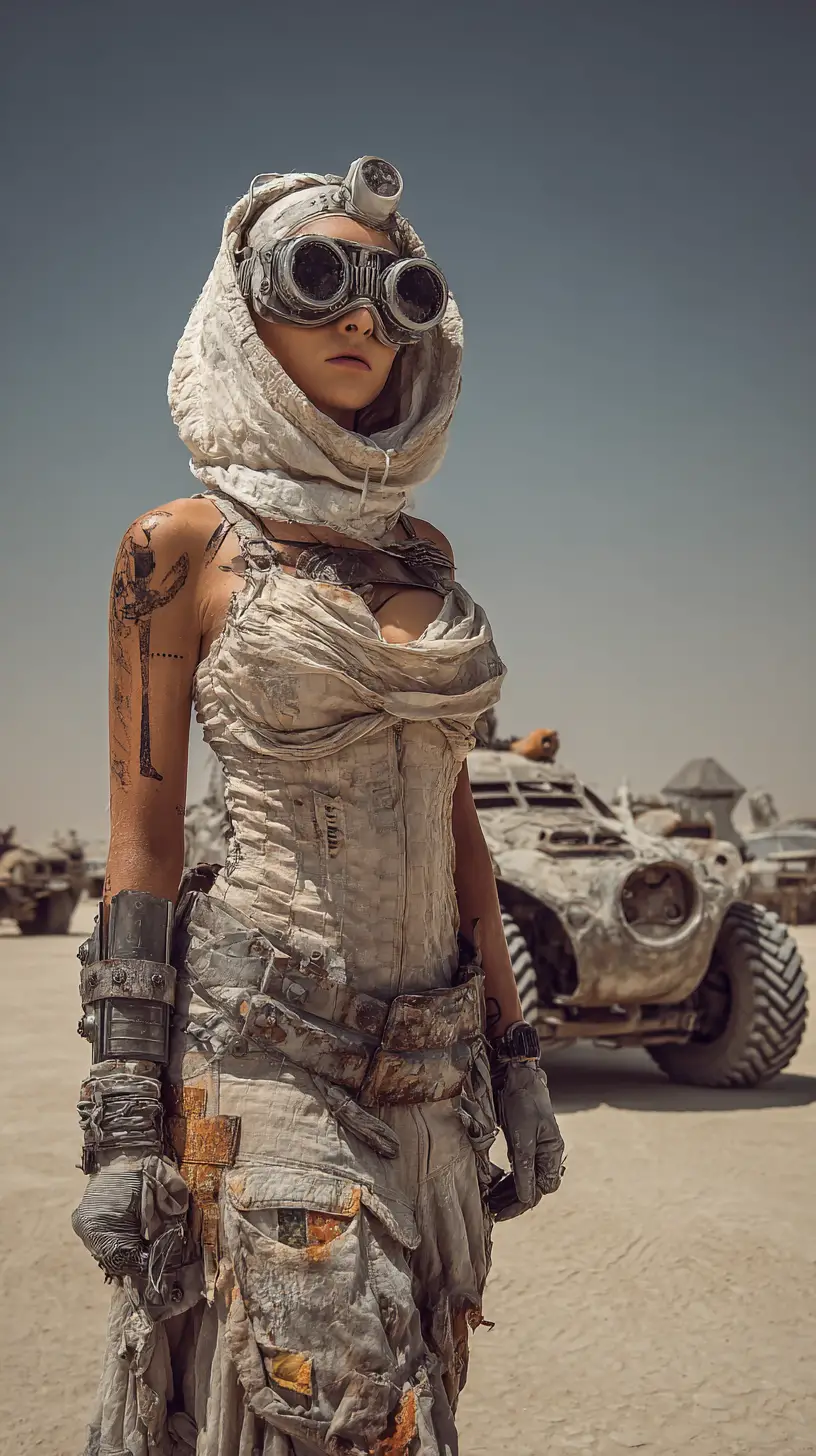 Mujer calva de ciencia ficción con máscara liderando multitud en el desierto