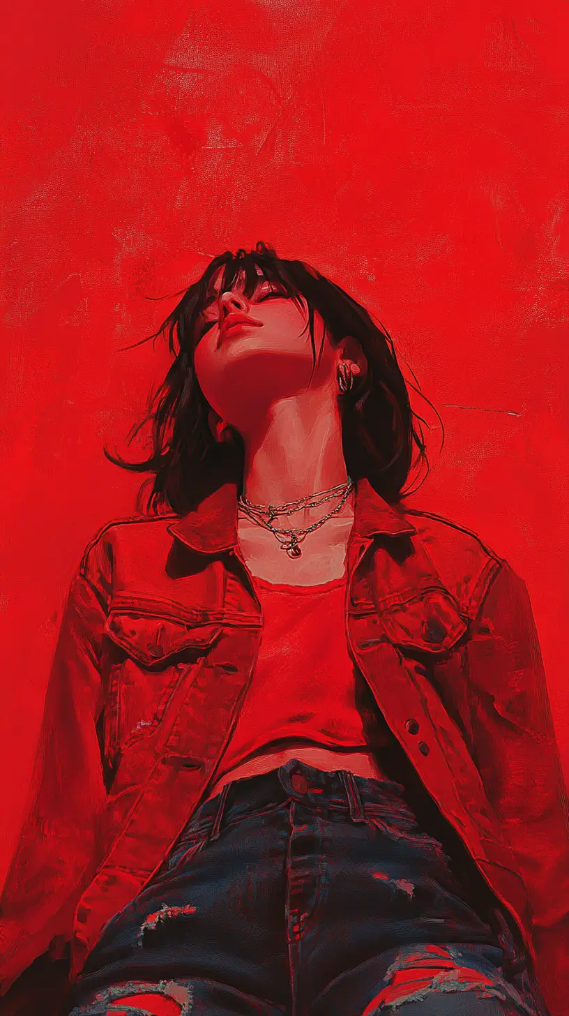 Melancholic anime girl in red jacket against crimson wall