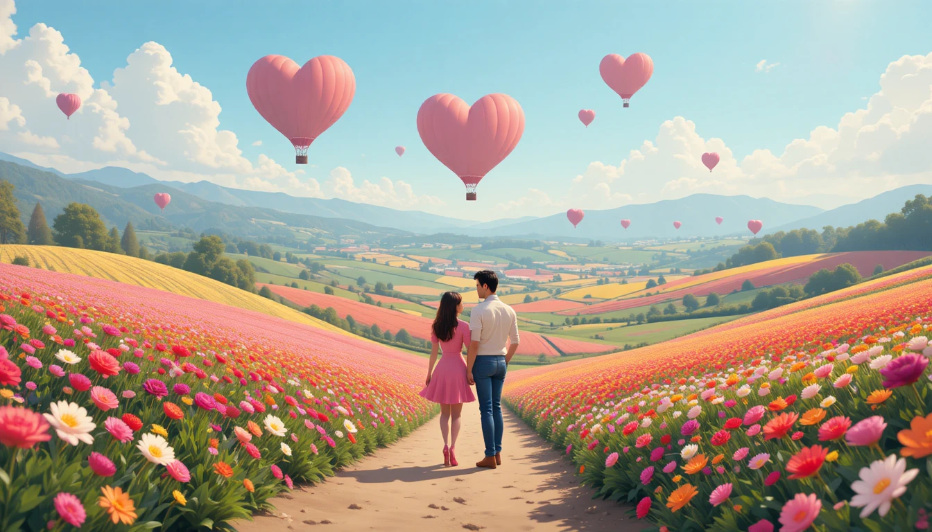 Romantic couples in flower fields with heart hot air balloons
