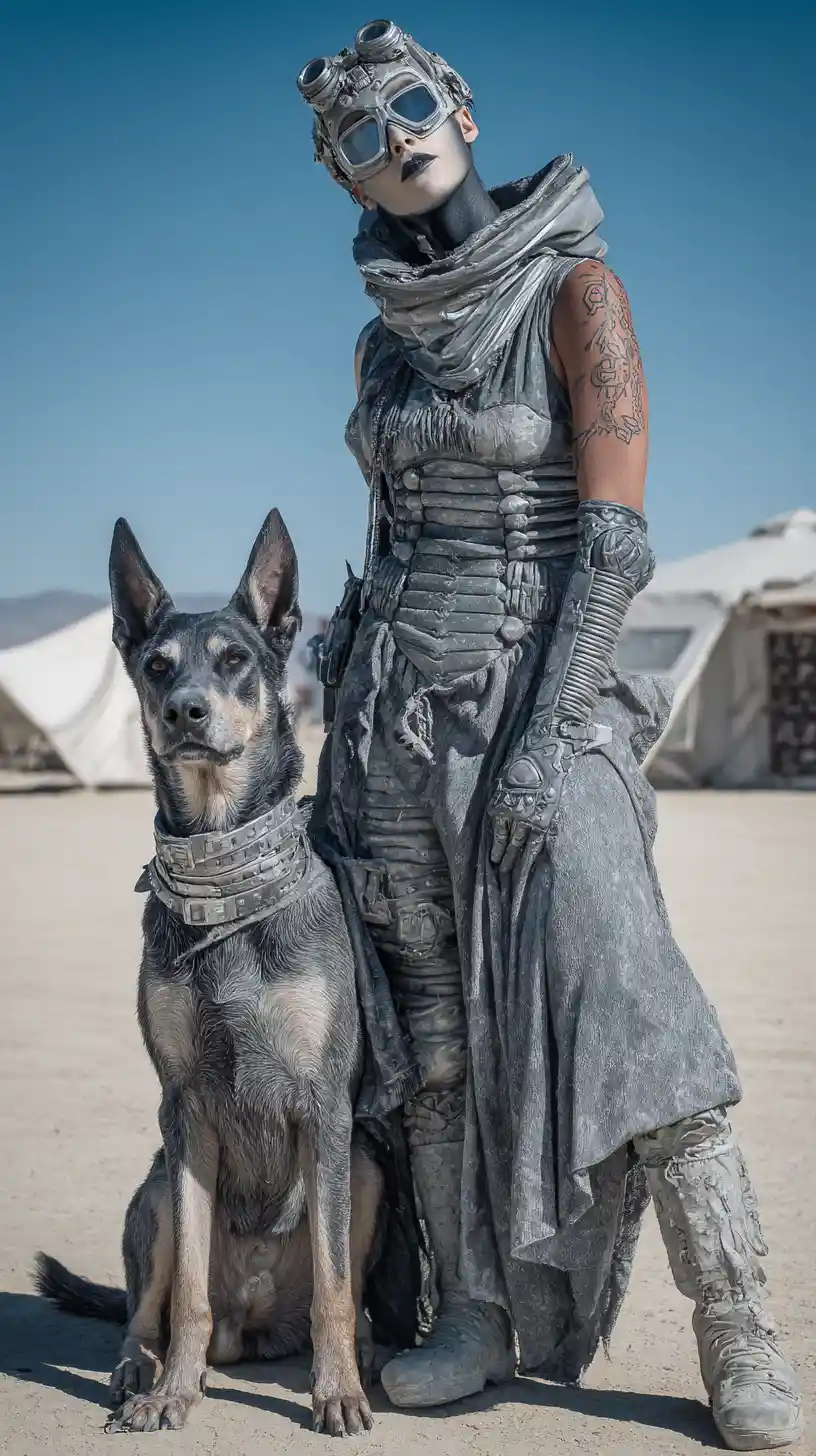 Donna mascherata e cane cyber in deserto post-apocalittico