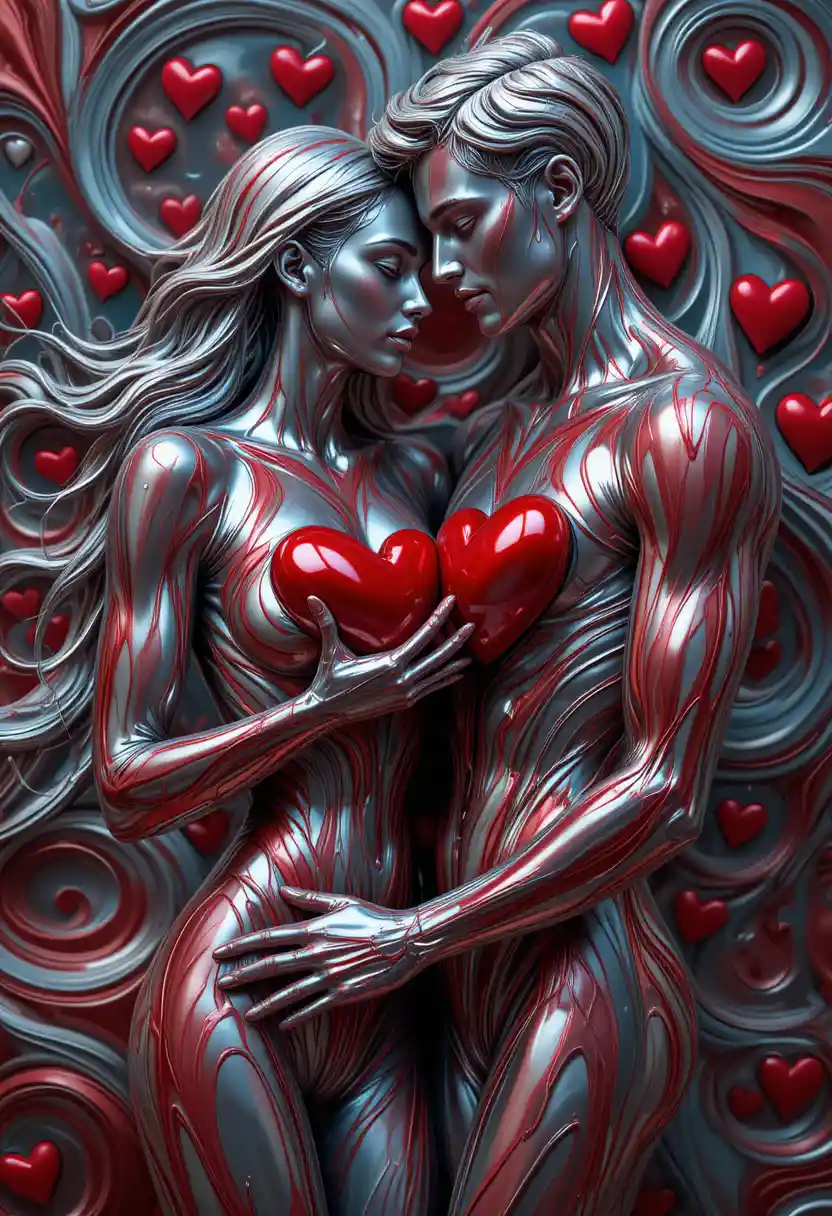 Metallic couple embracing with glowing red hearts