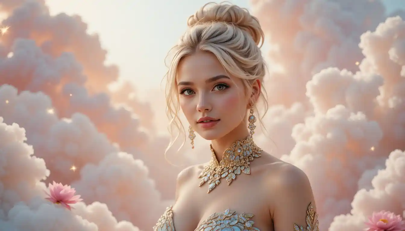Joyful blonde girl in ornate silver blue bodice