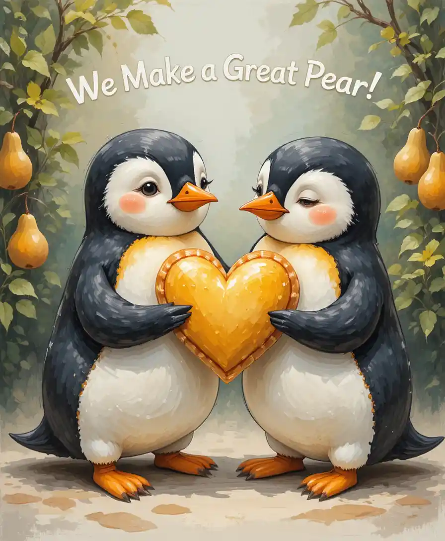 Dos pingüinos comparten un pastel en forma de corazón con un encanto romántico y juguetón