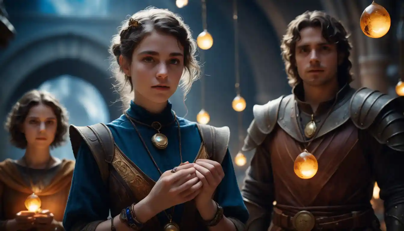 Knight and bard in a bustling cosmic marketplace scene