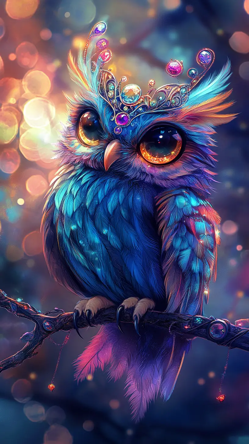 Fantasy owl with jeweled crown on decorative branch