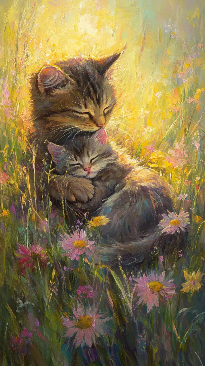 Kitten Nestled With Mother In Sunlit Spring Meadow Painting