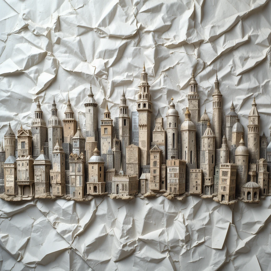 Atlantean cityscape built from crumpled newspaper forms