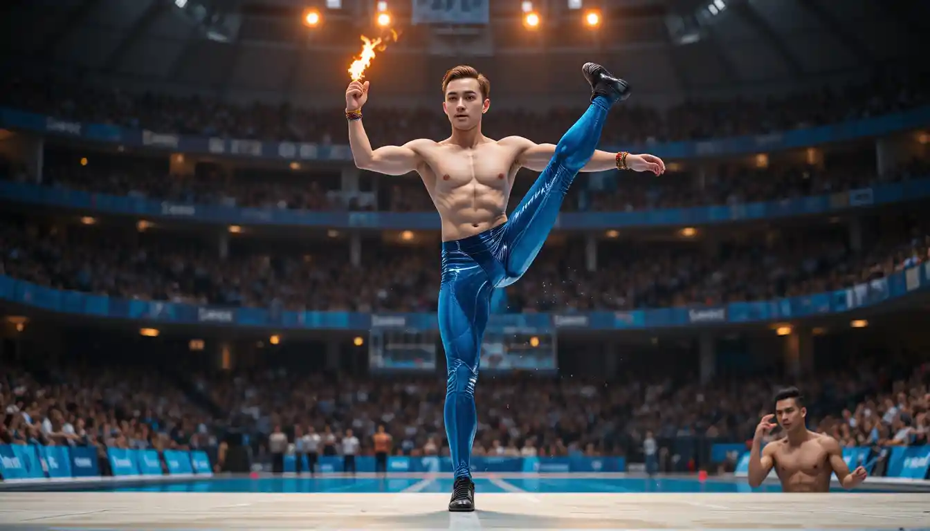 Bare chested soldier kicking forward in fiery urban battle