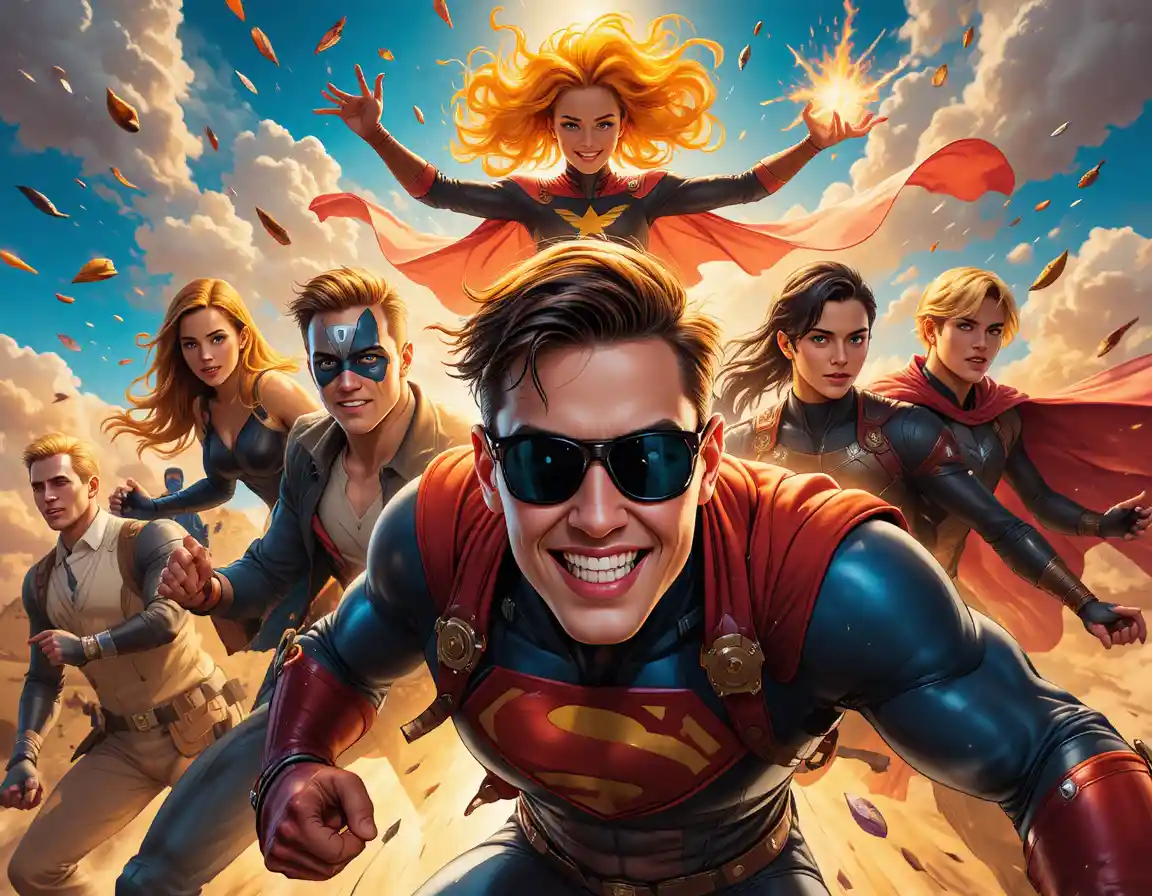 Dynamic team of colorful superheroes in dramatic action
