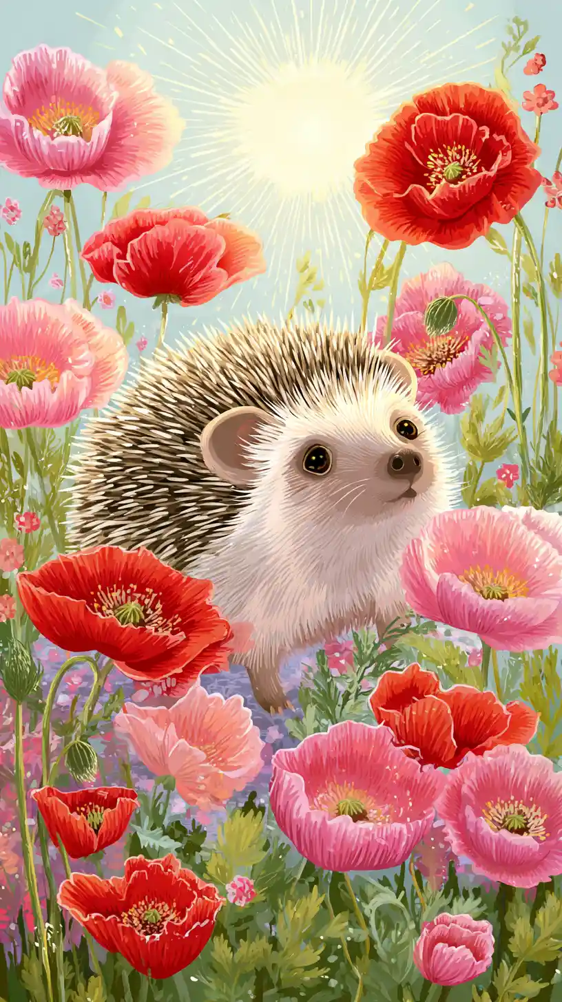 Cute hedgehog in a poppy field with warm sunlight