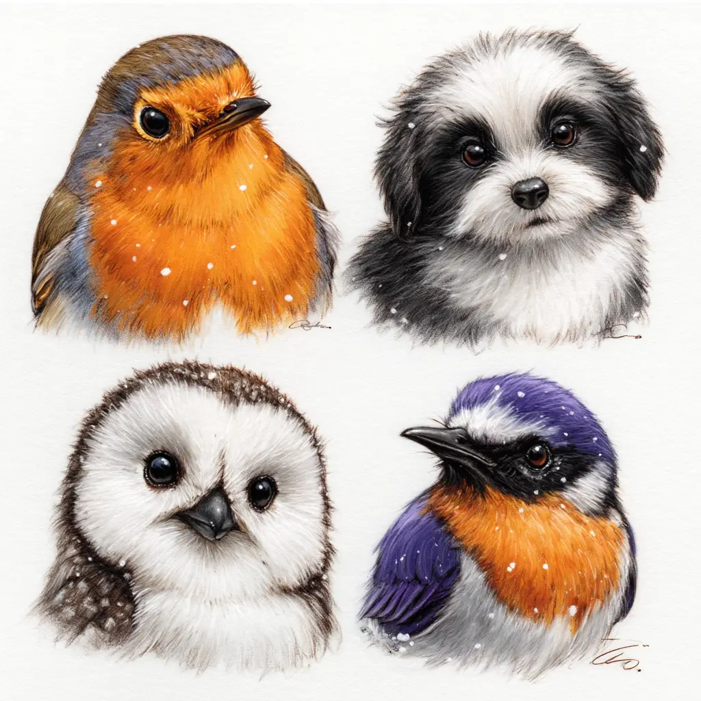 Cute playful animal illustrations in a four panel grid