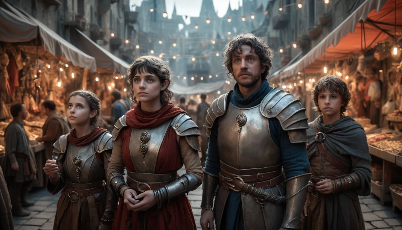 Destined heroes gathered in a cosmic fantasy marketplace