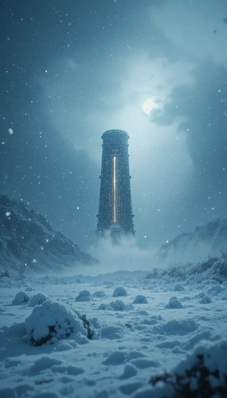 Sci-Fi-Objekt schwebt über einem verschneiten Winterfeld