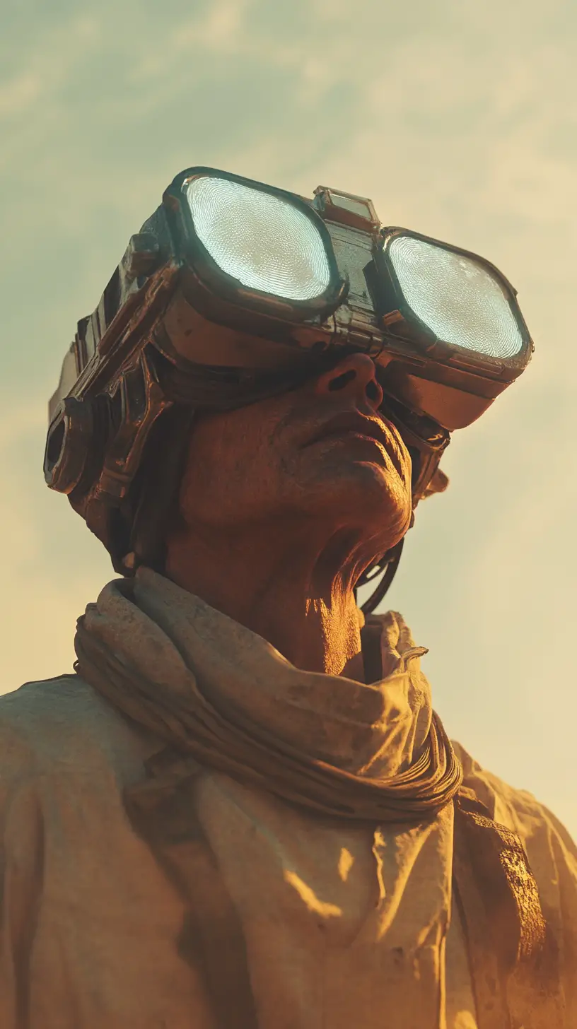 Futuristic desert woman with cyber arm and plastic cloak