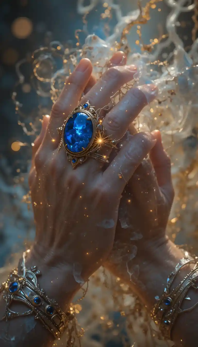 Two halfling hands clasped with glowing lapis rings