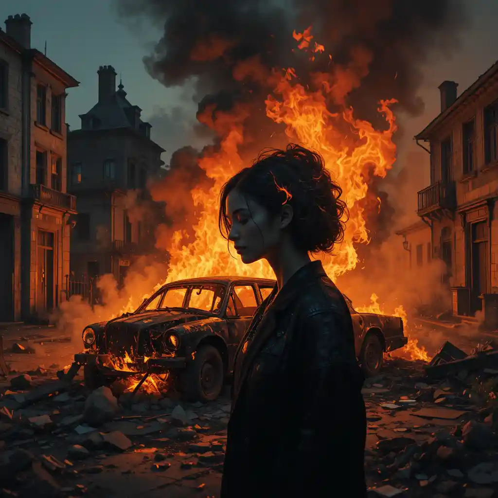 Back view figure facing burning ruined artistic cityscape