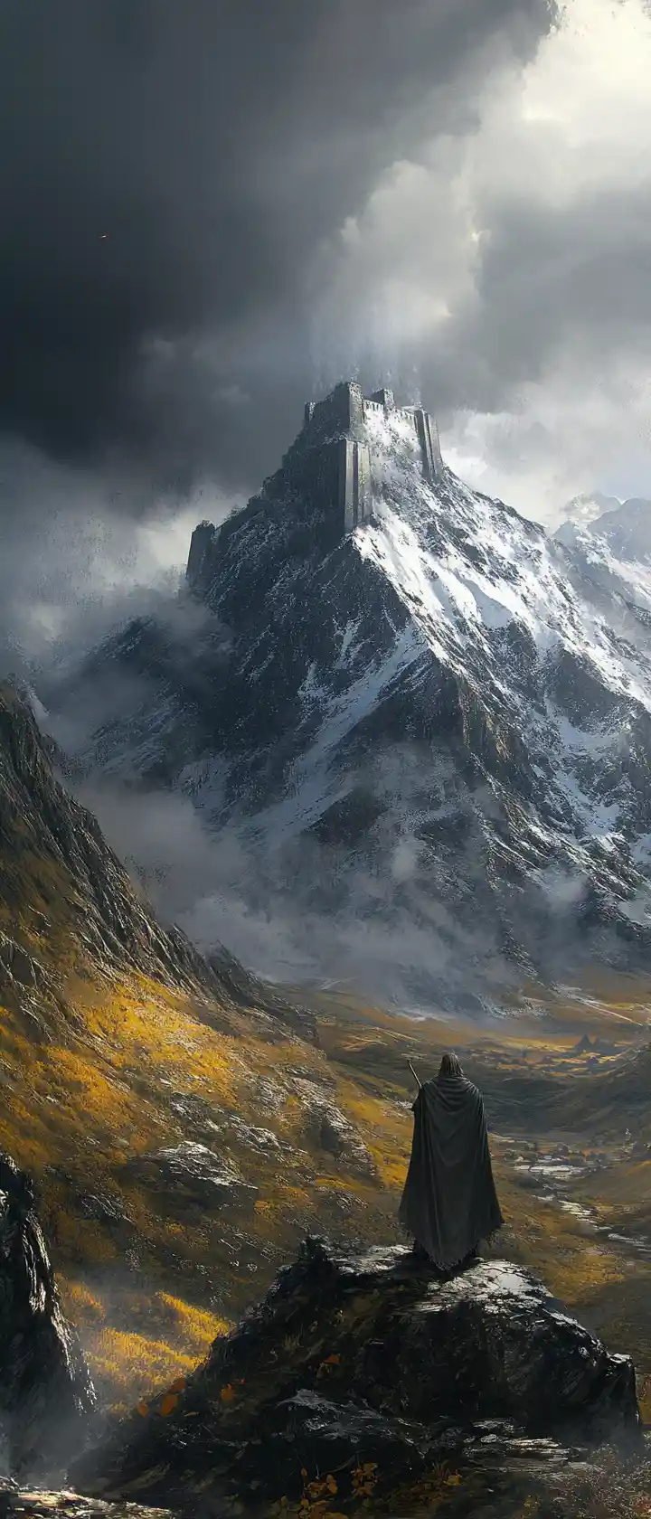 Lone traveler before ancient fortress in mountain valley