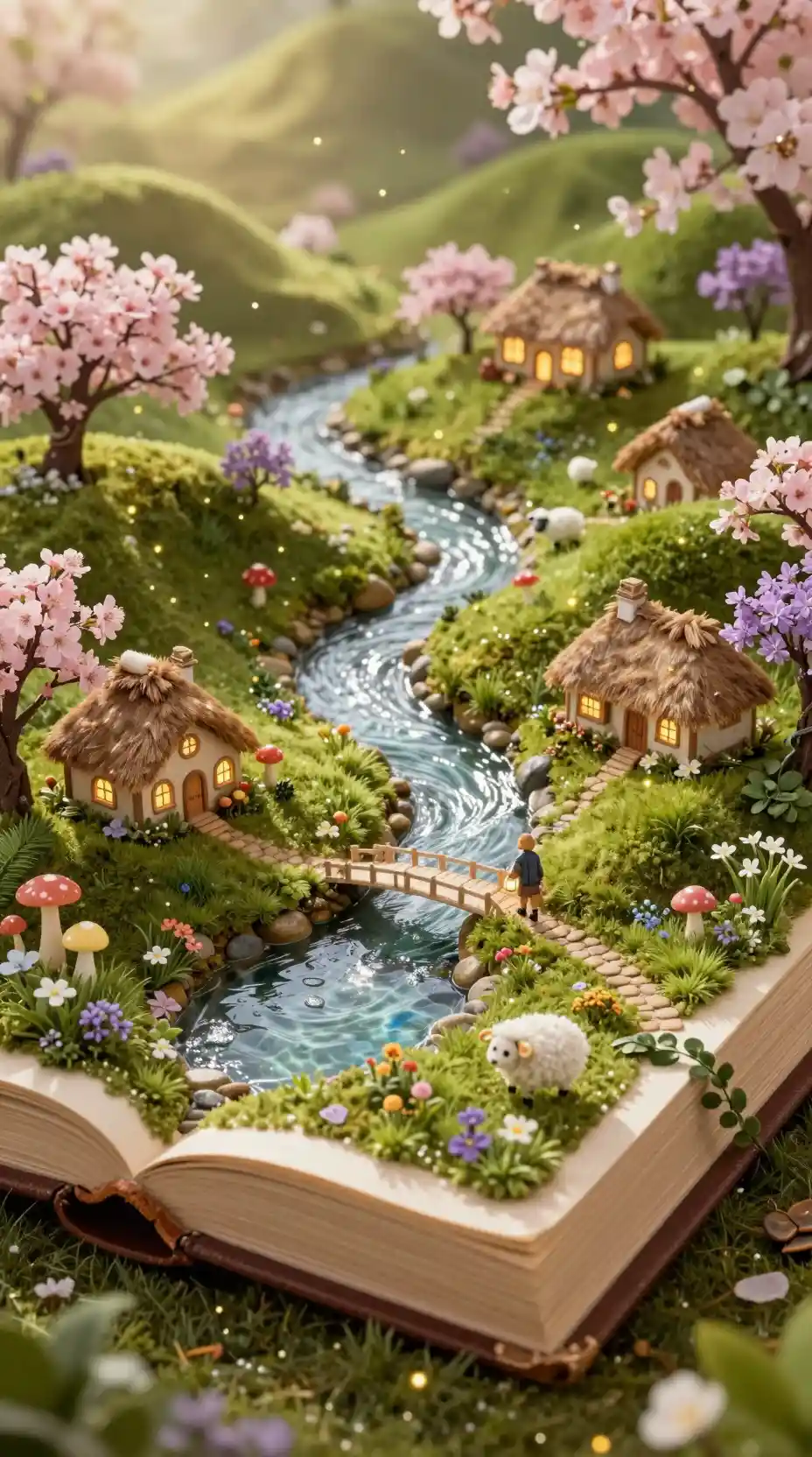 Miniature fantasy landscape emerging from ancient open book
